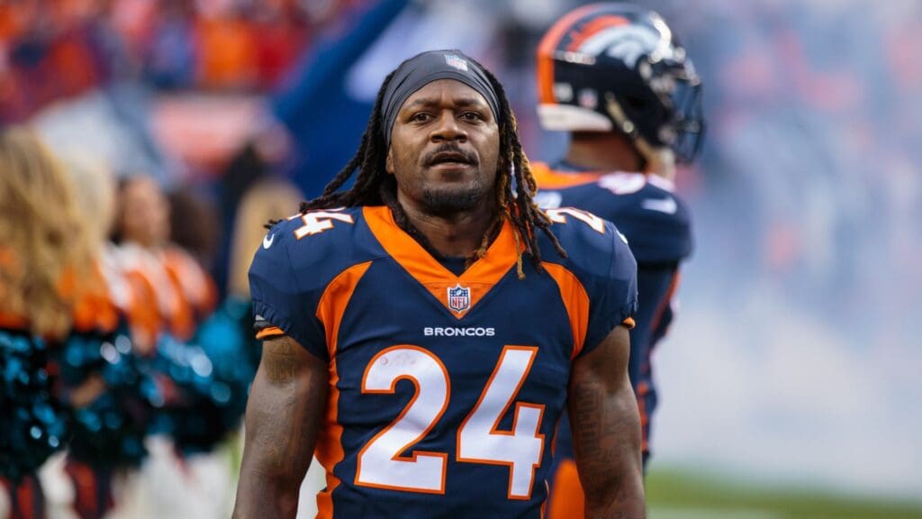 Oct 1, 2018; Denver, CO, USA; Denver Broncos cornerback Adam Jones (24) against the Kansas City Chiefs at Broncos Stadium at Mile High.