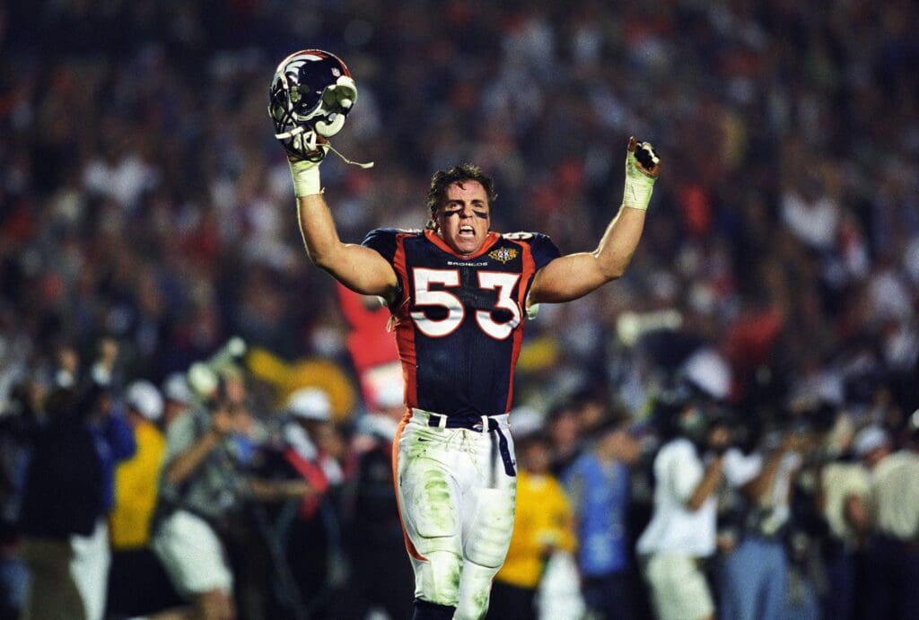 Jan 25, 1998; San Diego, CA, USA; FILE PHOTO; Denver Broncos linebacker Bill Romanowski (53) reacts on the field against the Denver Broncos during Super Bowl XXXII at Qualcomm Stadium. The Broncos defeated the Packers 31-24.