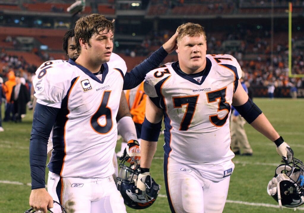 Nov 6, 2008; Cleveland, Oh, USA; Denver Broncos quarterback Jay Cutler (6) celebrates with offensive guard Chris Kuper (73) after a victory against the Cleveland Browns at Cleveland Brown Stadium. The Broncos beat the Browns 34-30.