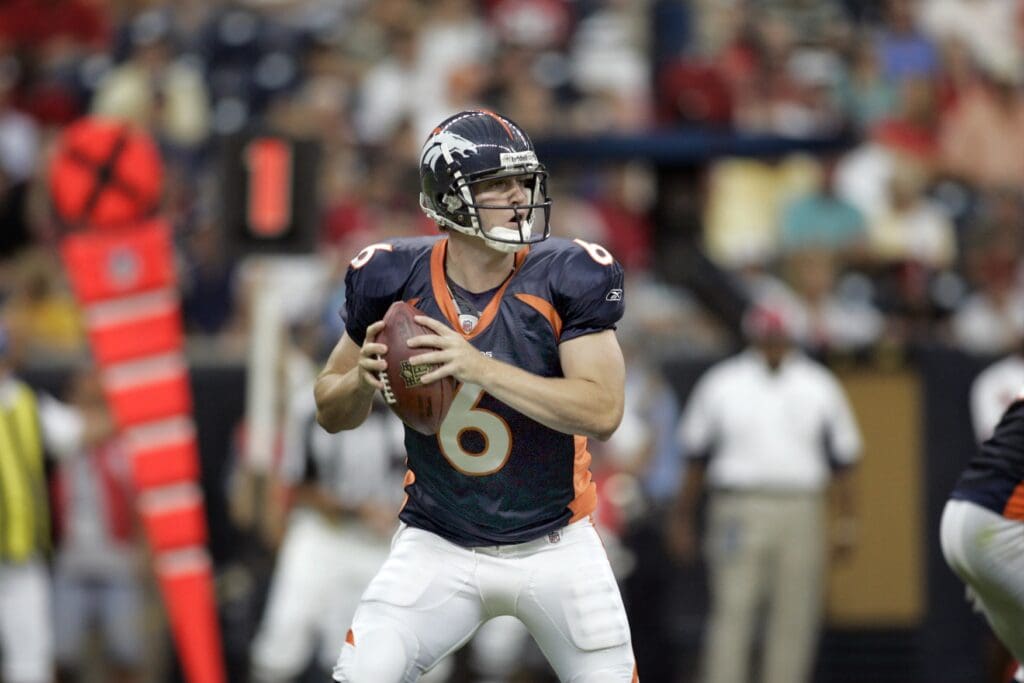 Aug 9, 2008; Houston, TX, USA; Denver Broncos quarterback Jay Cutler (6) drops back to pass against the Houston Texans in the second quarter at Reliant Stadium.