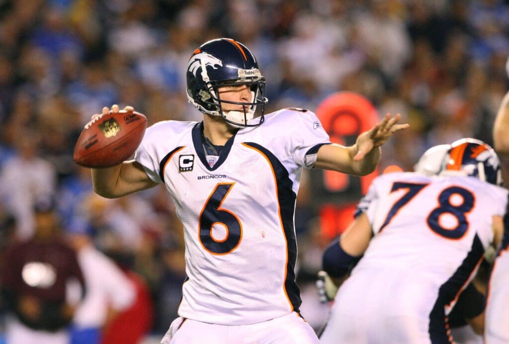Dec. 24, 2007; San Diego, CA, USA; Denver Broncos quarterback Jay Cutler (6) passes the ball during the 3rd quarter against the San Diego Chargers at Qualcomm Stadium in San Diego, CA. The Chargers defeated the Broncos 23-3.