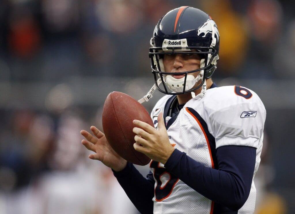 Nov 25, 2007; Chicago, IL, USA; Denver Broncos quarterback Jay Cutler (6) warms up before the game against the Chicago Bears at Soldier Field. The Bears beat the Broncos 37-34 in overtime.