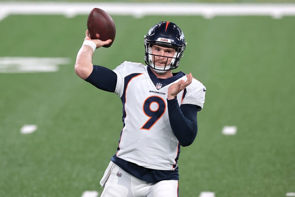 Oct 1, 2020; East Rutherford, New Jersey, USA; Denver Broncos quarterback Jeff Driskel (9) throws the ball before the game against the New York Jets at MetLife Stadium.