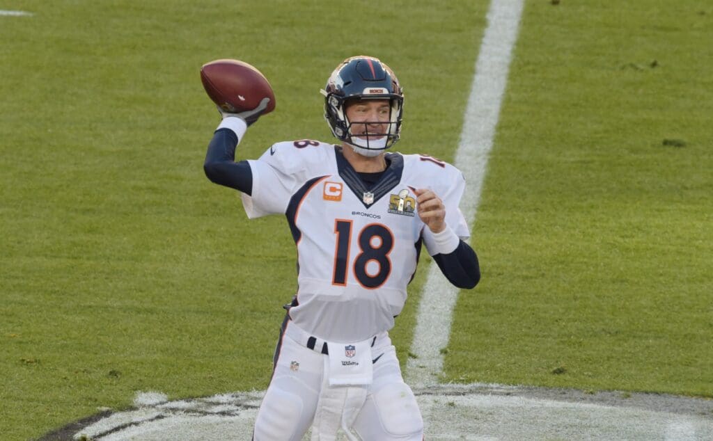 Feb 7, 2016; Santa Clara, CA, USA; Denver Broncos quarterback Peyton Manning (18) throws a pass in the first quarter of Super Bowl 50 at Levi's Stadium.