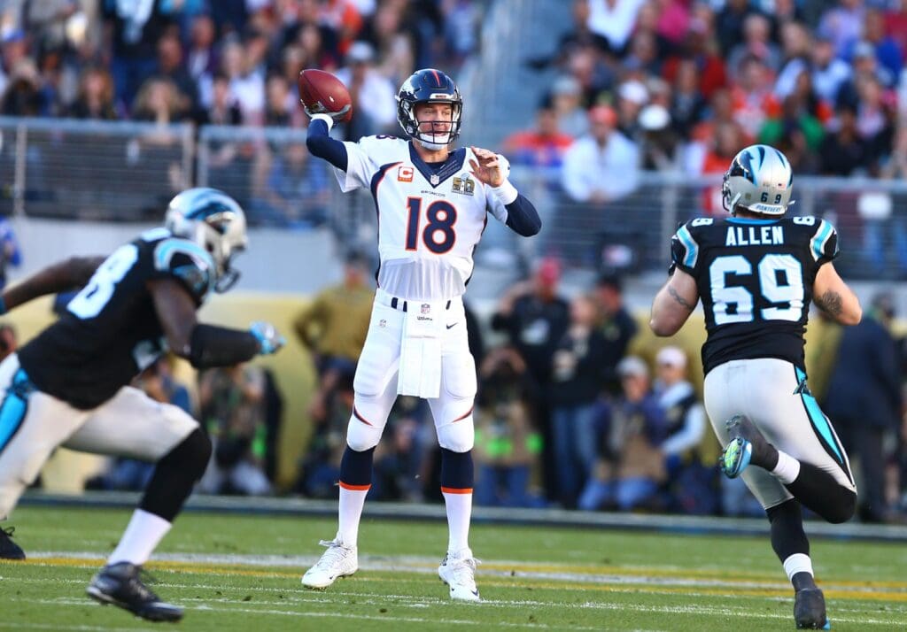 Feb 7, 2016; Santa Clara, CA, USA; Denver Broncos quarterback Peyton Manning (18) throws a pass against the Carolina Panthers in the first quarter in Super Bowl 50 at Levi's Stadium
