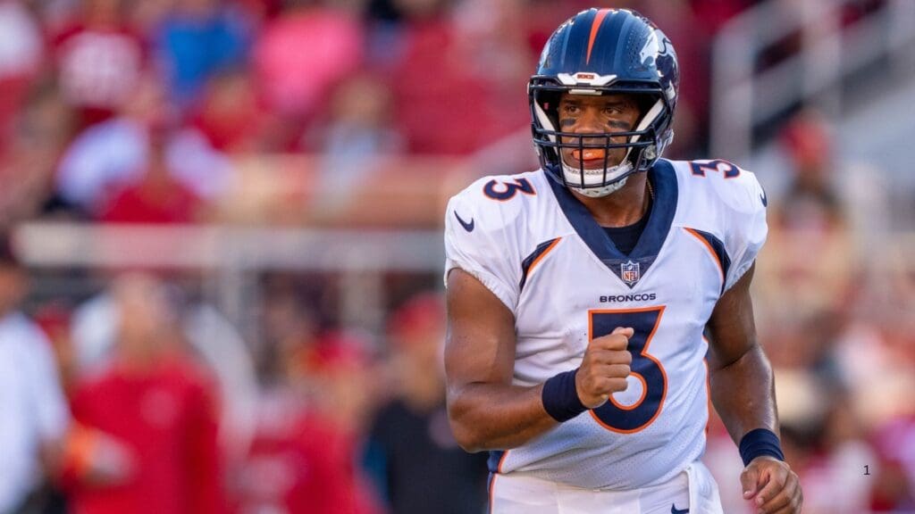 August 19, 2023; Santa Clara, California, USA; Denver Broncos quarterback Russell Wilson (3) during the first quarter against the San Francisco 49ers at Levi's Stadium.
