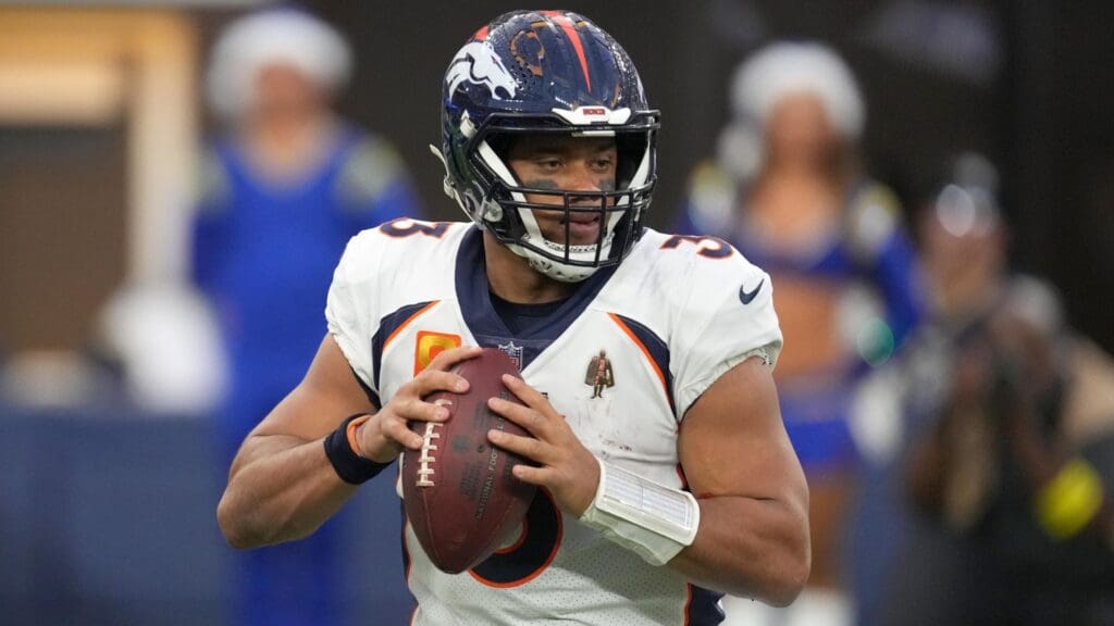 Dec 25, 2022; Inglewood, California, USA; Denver Broncos quarterback Russell Wilson (3) throws the ball against the Los Angeles Rams in the second half at SoFi Stadium.