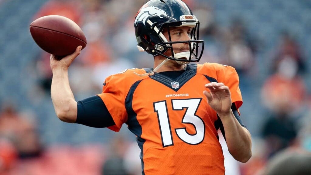 Aug 27, 2016; Denver, CO, USA; Denver Broncos quarterback Trevor Siemian (13) warms up prior to the game against the Los Angeles Rams at Sports Authority Field at Mile High.