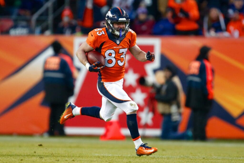 Dec 28, 2014; Denver, CO, USA; Denver Broncos wide receiver Wes Welker (83) runs the ball in the fourth quarter against the Oakland Raiders at Sports Authority Field at Mile High. The Broncos defeated the Raiders 47-14.