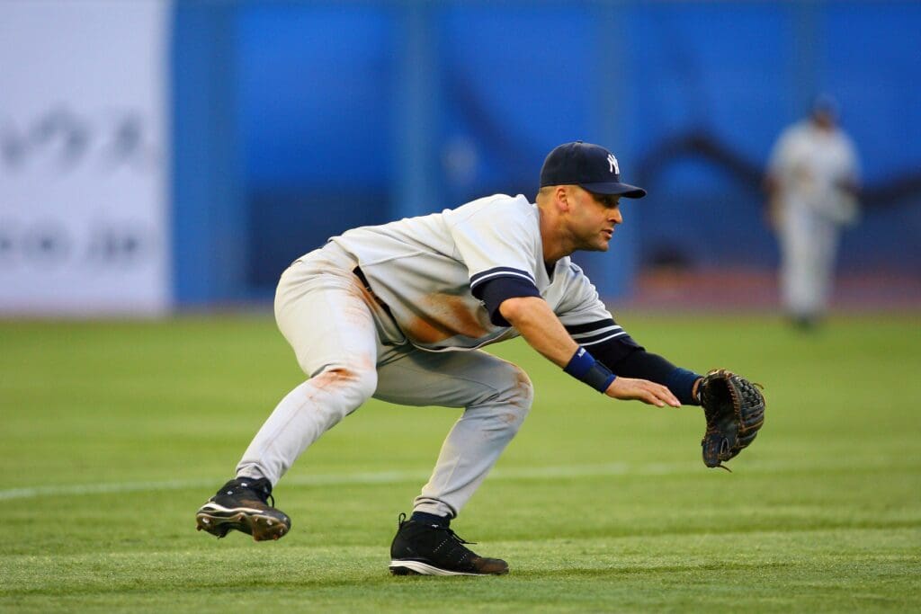 May 28, 2007; Toronto, ON, Canada; New York Yankees shortstop (2) Derek Jeter makes a play on a groundball by Toronto Blue Jays right fielder (15) Alex Rios (not pictured) in teh 3rd inning at the Rogers Centre in Toronto, ON.