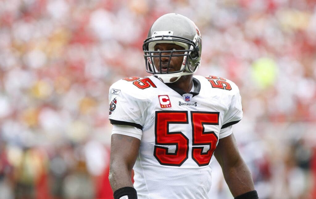 September 28, 2008; Tampa, FL, USA; Tampa Bay Buccaneers linebacker Derrick Brooks (55) against the Green Bay Packers during the first quarter at Raymond James Stadium.