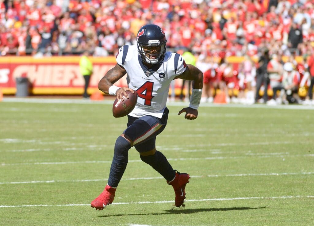 Oct 13, 2019; Kansas City, MO, USA; Houston Texans quarterback Deshaun Watson (4) runs the ball against the Kansas City Chiefs during the first half at Arrowhead Stadium.