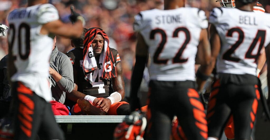 Cleveland Browns quarterback Deshaun Watson is carted off the field after suffering an injury during the first half of an NFL football game against the Cincinnati Bengals at Huntington Bank Field, Sunday, Oct. 20, 2024, in Cleveland, Ohio.