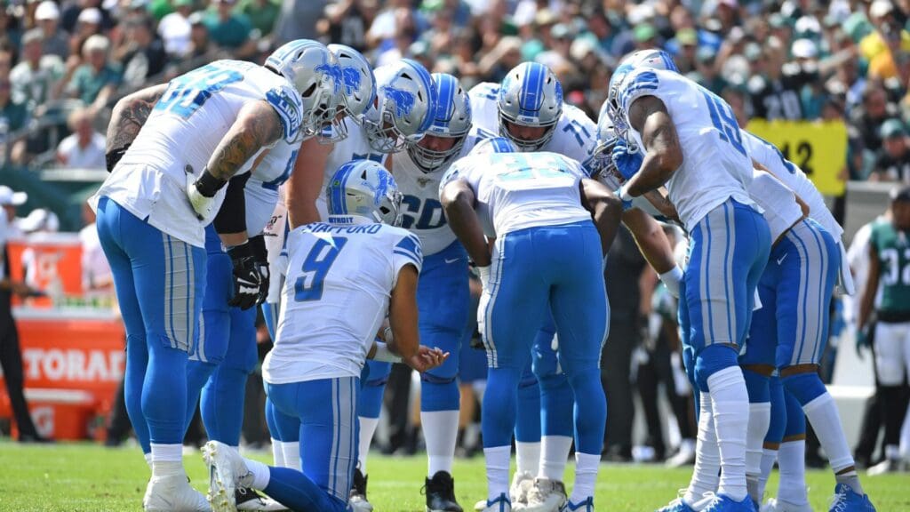 Sep 22, 2019; Philadelphia, PA, USA; Detroit Lions quarterback Matthew Stafford (9) leads his team in the huddle against the Philadelphia Eagles at Lincoln Financial Field.