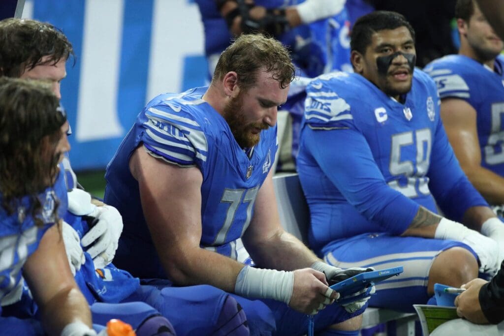 Detroit Lions center Frank Ragnow (77) on the sidelines during action against the Atlanta Falcons Sunday, Sept. 24 2023.