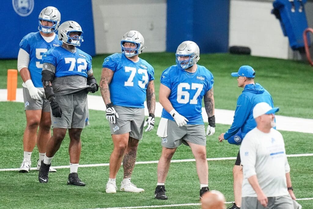 Detroit Lions center Trystan Colon (67), center, and guard Christian Mahogany (73) practices during OTA at Meijer Performance Center in Allen Park on Thursday, June 5, 2025