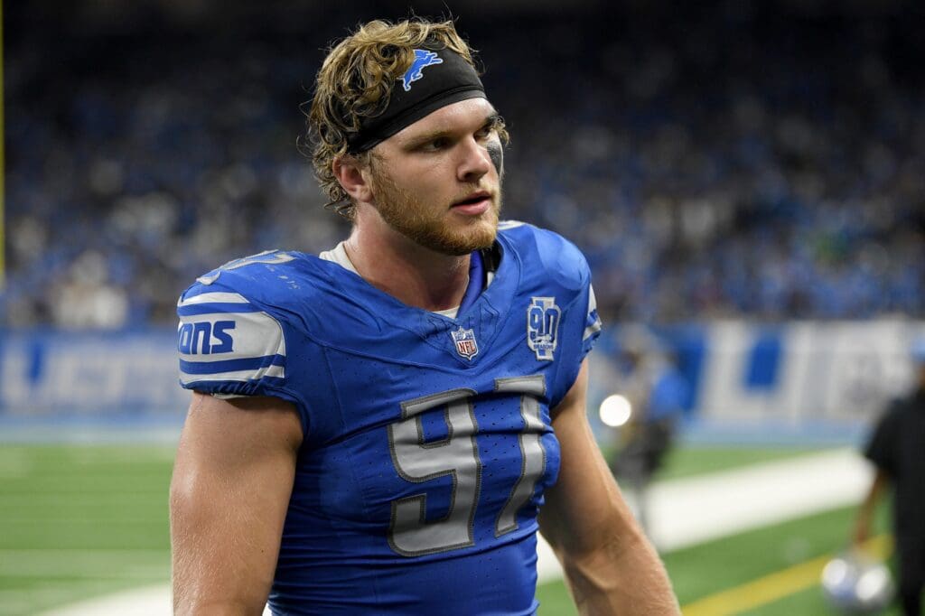 Sep 17, 2023; Detroit, Michigan, USA; Detroit Lions defensive end Aidan Hutchinson (97) walks off the field after the Lions lost in overtime to the Seattle Seahawks at Ford Field.