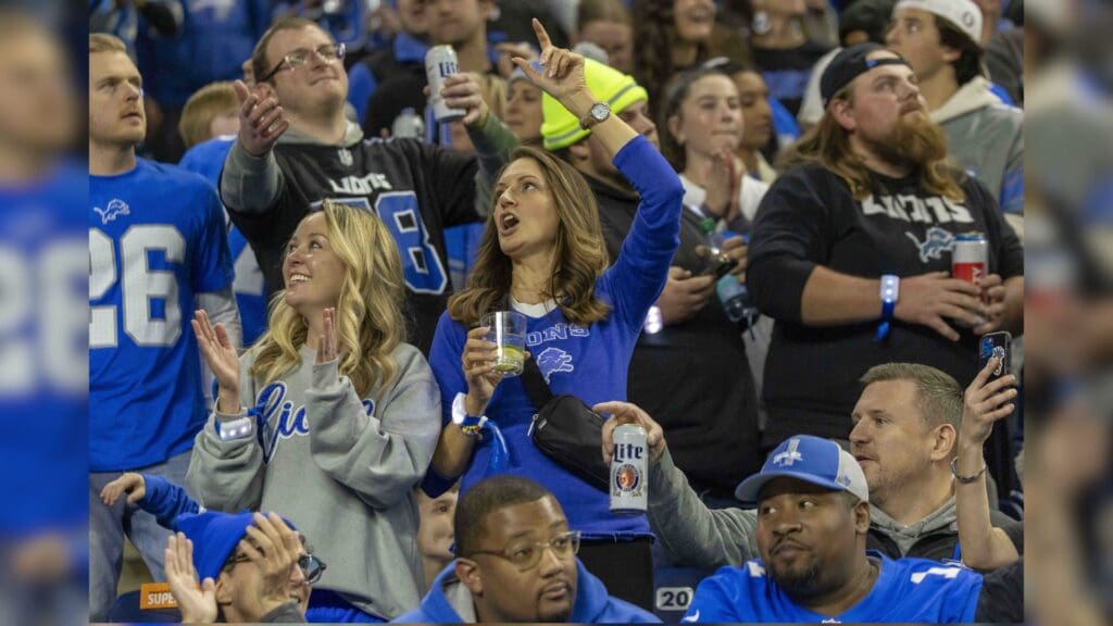 Jan 18, 2025; Detroit, Michigan, USA; Detroit Lions fans react during the second quarter against the Washington Commanders at Ford Field.