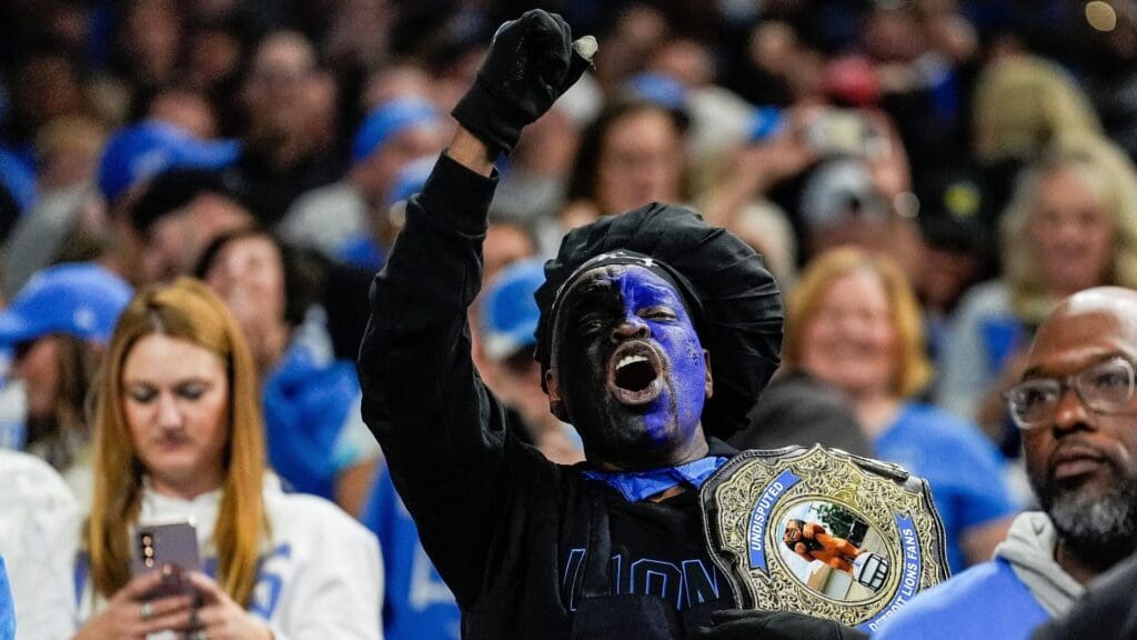 Detroit Lions fans celebrates a touchdown against Tennessee Titans during the first half at Ford Field in Detroit on Sunday, Oct. 27, 2024.