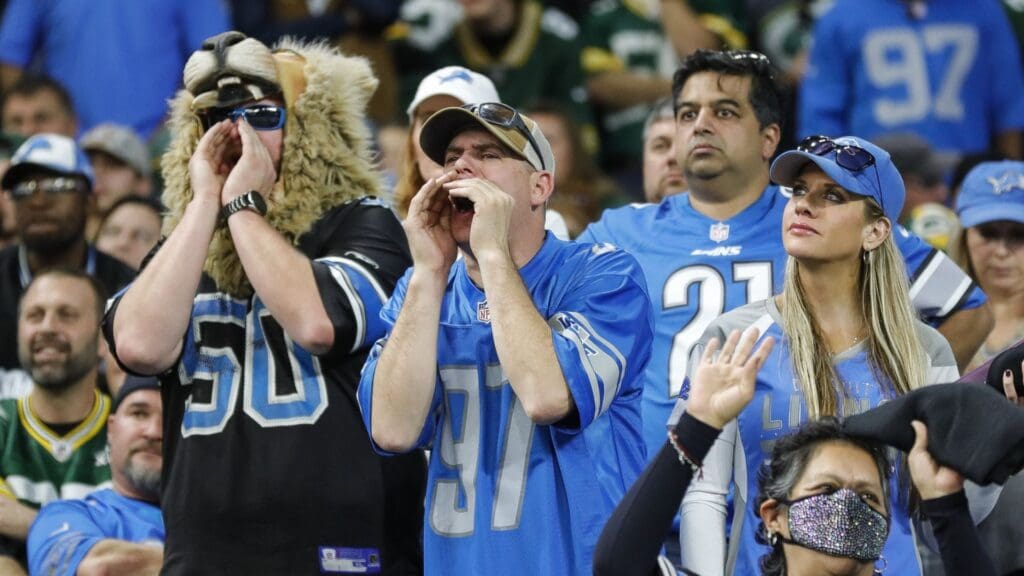 Nov 6, 2022; Detroit, Michigan, USA; Detroit Lions fans cheer for the Lions against Green Bay Packers during the second half at Ford Field.