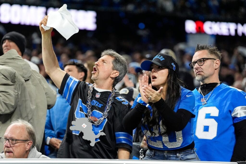 Detroit Lions fans cheer on against Washington Commanders during the first half of the NFC divisional round at Ford Field in Detroit on Saturday, Jan. 18, 2025.