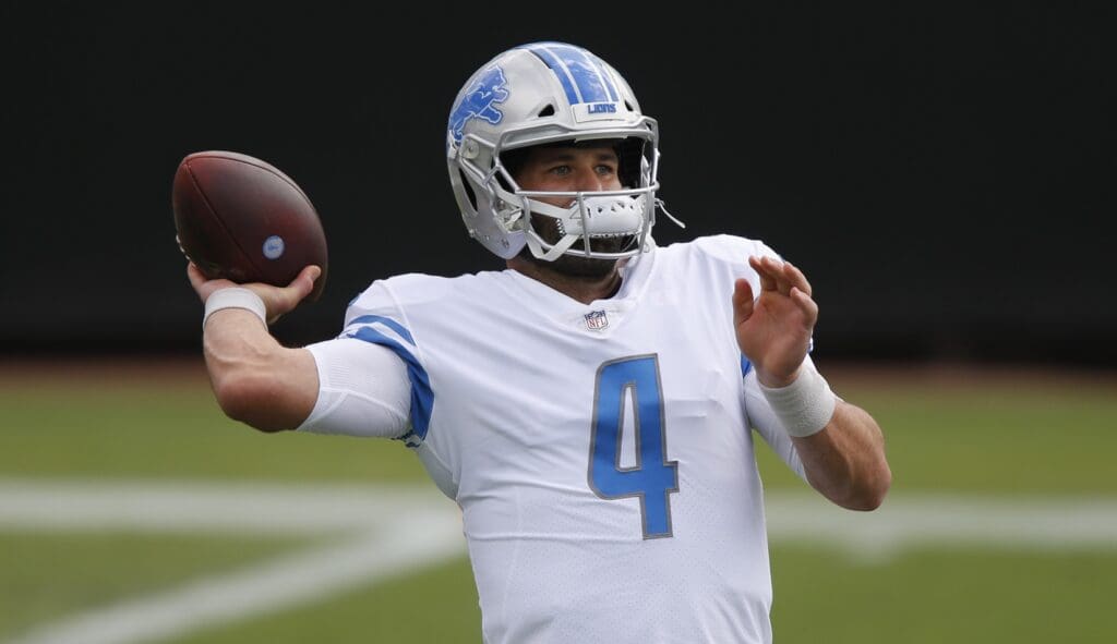 Oct 18, 2020; Jacksonville, Florida, USA; Detroit Lions quarterback Chase Daniel (4) throws a pass during warmups before a game against the Jacksonville Jaguars at TIAA Bank Field.