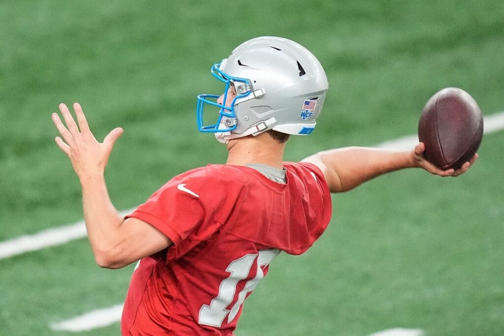 Detroit Lions quarterback Jared Goff (16) practices during OTA at Meijer Performance Center in Allen Park on Thursday, June 5, 2025.