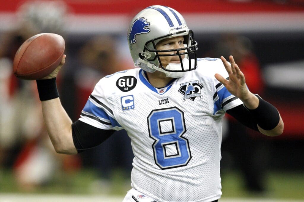 September 7, 2008; Atlanta, GA, USA; Detroit Lions quarterback Jon Kitna (8) throws a pass against the Atlanta Falcons in the first half at the Georgia Dome.