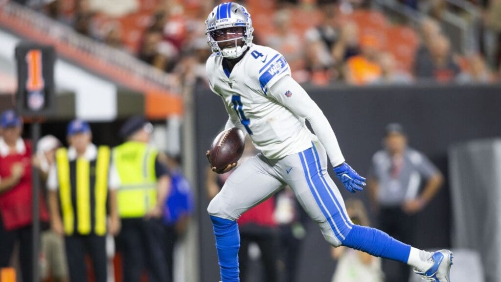 Aug 29, 2019; Cleveland, OH, USA; Detroit Lions quarterback Josh Johnson (4) runs the ball into the end zone for a touchdown against the Cleveland Browns during the third quarter at FirstEnergy Stadium. The Browns won 20-16.