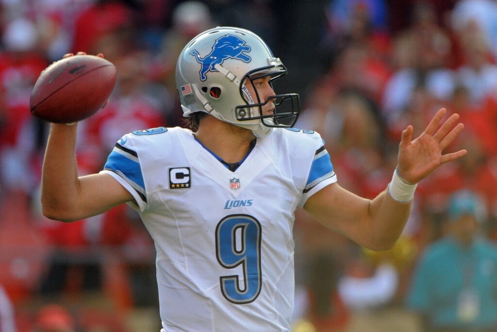 September 16, 2012; San Francisco, CA, USA; Detroit Lions quarterback Matthew Stafford (9) passes the ball against the San Francisco 49ers during the first quarter at Candlestick Park.