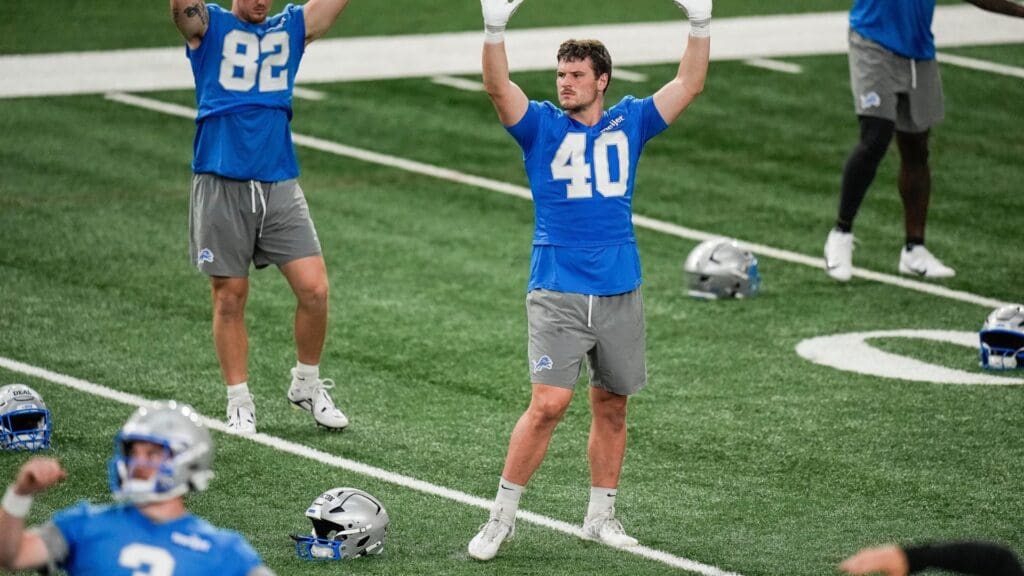Detroit Lions tight end Zach Horton (40) practices during OTA at Meijer Performance Center in Allen Park on Thursday, June 5, 2025.