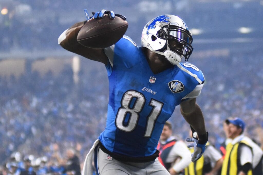 Nov 26, 2015; Detroit, MI, USA; Detroit Lions wide receiver Calvin Johnson (81) celebrates his touchdown against the Philadelphia Eagles during the third quarter of a NFL game on Thanksgiving at Ford Field.