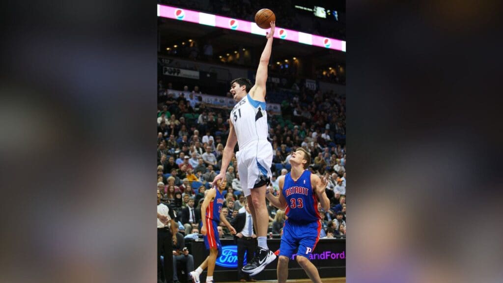 Jan 18, 2012; Minneapolis, MN, USA; Minnesota Timberwolves center Darko Milicic (31) grabs a rebound during the first quarter against the Detroit Pistons at the Target Center.
