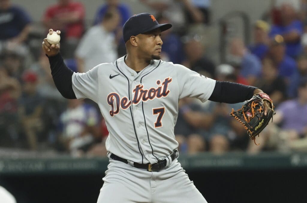 Jun 28, 2023; Arlington, Texas, USA; Detroit Tigers second baseman Jonathan Schoop (7) comes into the game to pitch during the seventh inning against the Texas Rangers at Globe Life Field.