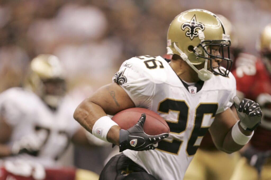 Sept 28, 2008; New Orleans, LA, USA; New Orleans Saints running back Deuce McAllister (26) runs upfield during the second half against the San Francisco 49ers at the Louisiana Superdome. The Saints defeated the 49ers 28-17.
