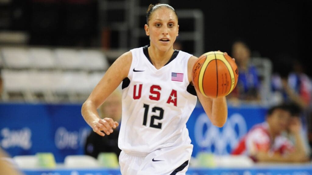 Aug. 19, 2008; Beijing, CHINA; United States guard Diana Taurasi (12) dribbles the ball up the court in the USA 104-60 victory against Korea at the Beijing Olympic Basketball Stadium in the 2008 Beijing Olympics.