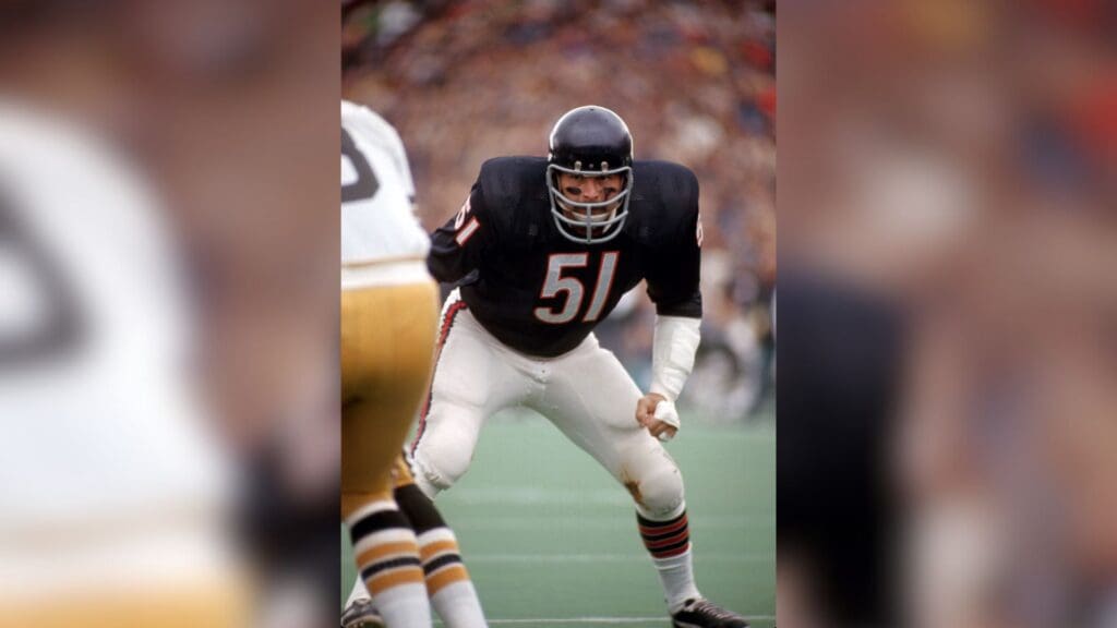 Oct 10, 1971; Chicago, IL, USA; FILE PHOTO; Chicago Bears linebacker (51) Dick Butkus in action against the New Orleans Saints at Soldier Field. The bears defeated the Saints 35-14.
