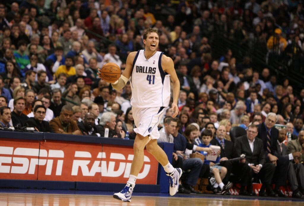 Jan 13, 2010; Dallas, TX, USA; Dallas Mavericks forward Dirk Nowitzki (41) drives the ball up-court against the Los Angeles Lakers at American Airlines Center.