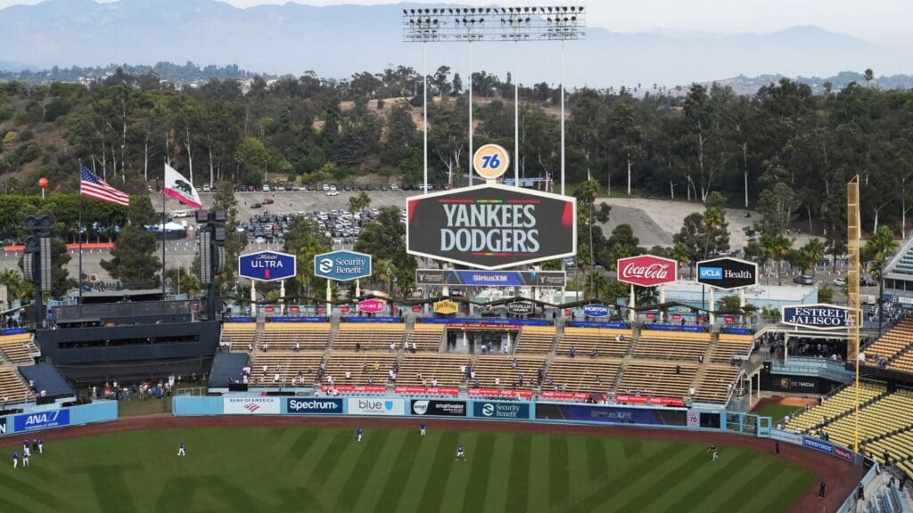 Oct 26, 2024; Los Angeles, California, USA; General view of an empty stadium before game two between the New York Yankees and the Los Angeles Dodgers in the 2024 MLB World Series at Dodger Stadium