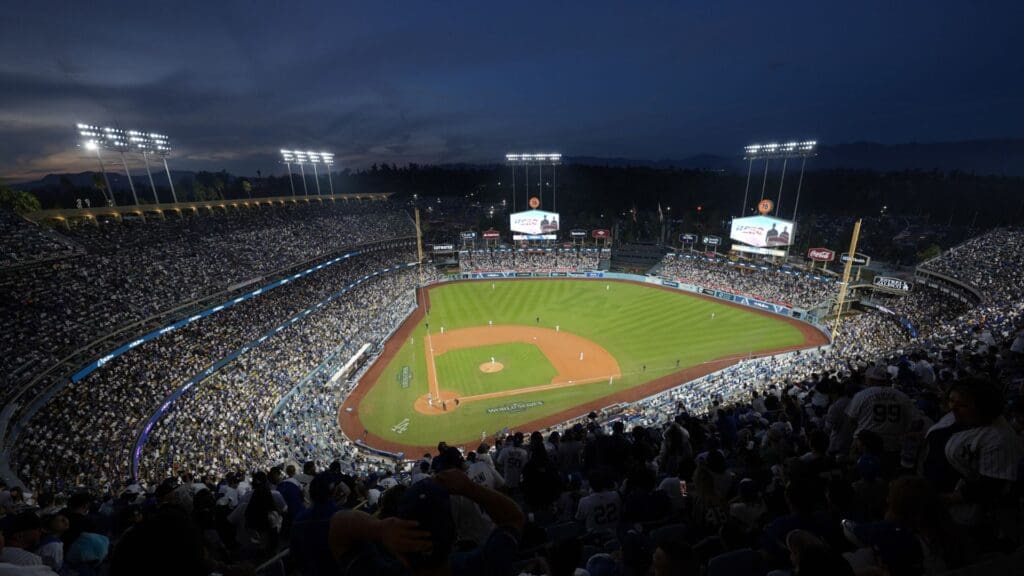 Oct 26, 2024; Los Angeles, California, USA; General view during the fourth inning between the New York Yankees and the Los Angeles Dodgers during game two of the 2024 MLB World Series at Dodger Stadium