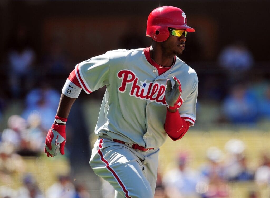 September 1, 2010; Los Angeles, CA, USA; Philadelphia Phillies right fielder Domonic Brown (9) runs to first after he hits a double in the ninth inning against the Los Angeles Dodgers at Dodger Stadium.