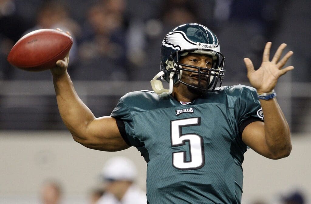 Jan 3, 2010; Arlington, TX, USA; Philadelphia Eagles quarterback Donovan McNabb (5) warms up prior to the start of the game against the Dallas Cowboys at Cowboys Stadium.