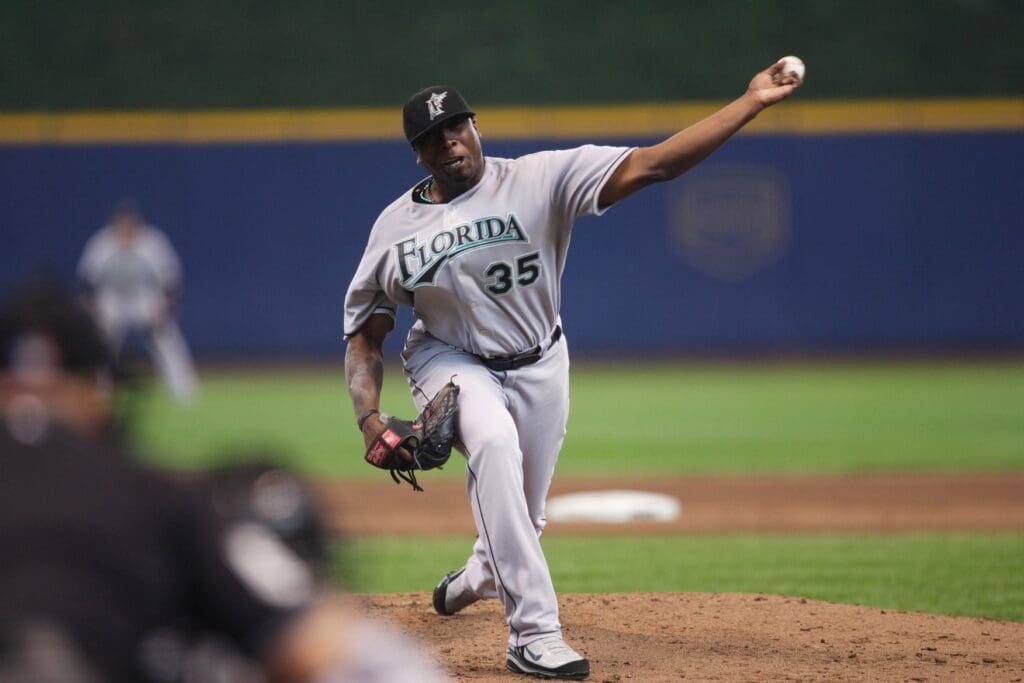 June 3, 2007; Milwaukee, WI, USA; Florida Marlins pitcher Dontrelle Willis (35) delivers a pitch during the first inning against the Milwaukee Brewers at Miller Park. The Brewers defeated the Marlins 3-0.