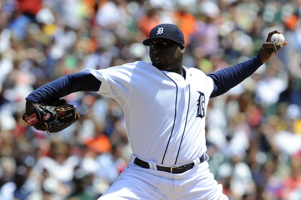 June 4, 2009; Detroit, MI, USA; Detroit Tigers starting pitcher Dontrelle Willis (21) pitches in the first inning against the Boston Red Sox at Comerica Park.