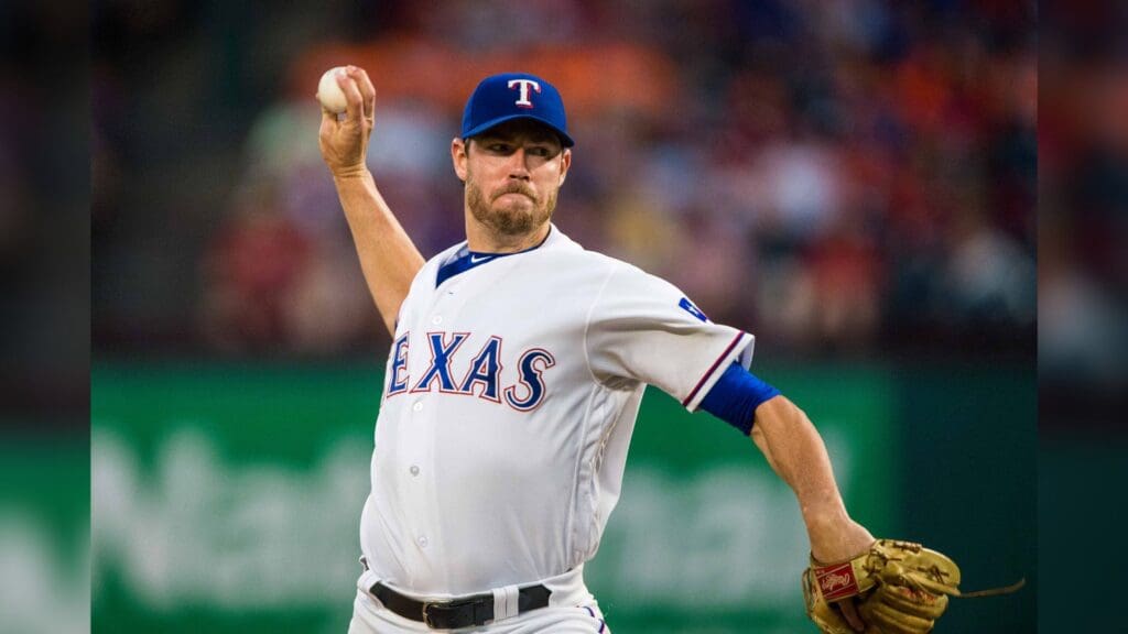 Jun 8, 2018; Arlington, TX, USA; Texas Rangers starting pitcher Doug Fister (38) pitches against the Houston Astros during the game at Globe Life Park in Arlington.