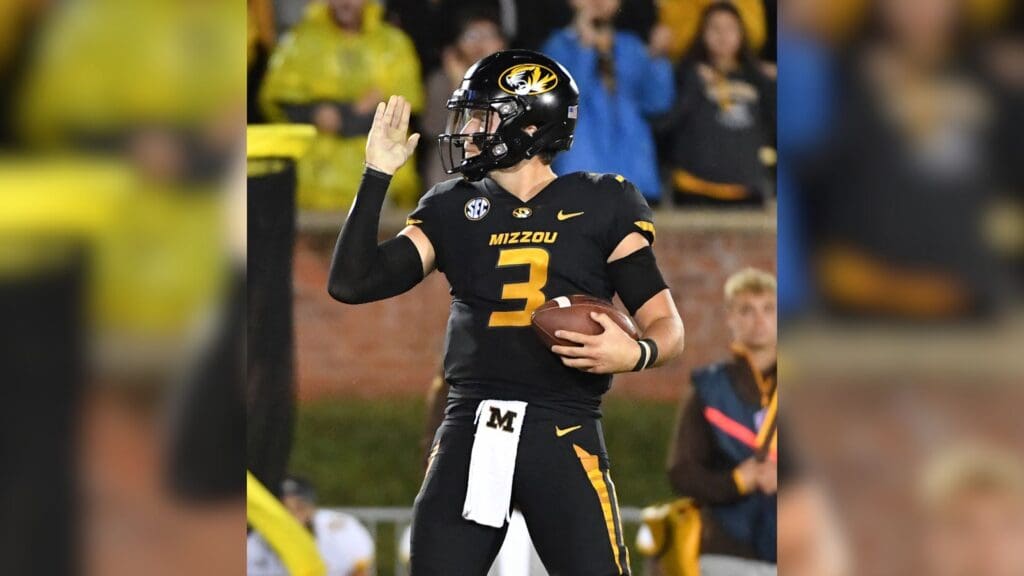 Sep 8, 2018; Columbia, MO, USA; Missouri Tigers quarterback Drew Lock (3) signals after running for a first down during the second half against the Wyoming Cowboys at Memorial Stadium/Faurot Field. Missouri won 40-13.