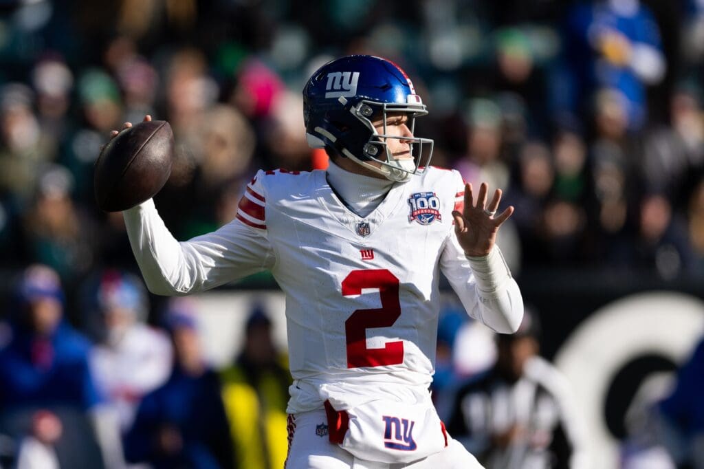 Jan 5, 2025; Philadelphia, Pennsylvania, USA; New York Giants quarterback Drew Lock (2) passes the ball against the Philadelphia Eagles during the first quarter at Lincoln Financial Field.