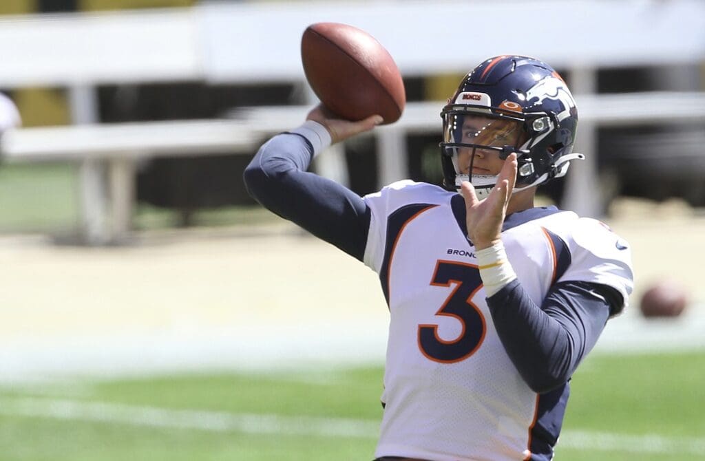 Sep 20, 2020; Pittsburgh, Pennsylvania, USA;Denver Broncos quarterback Drew Lock (3) warms up before laying the Pittsburgh Steelers at Heinz Field
