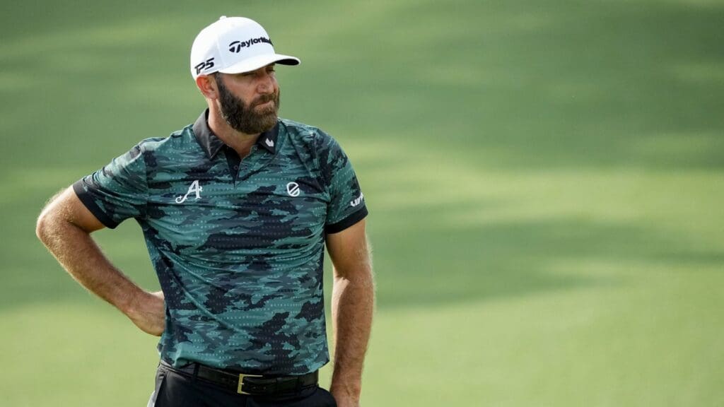 Apr 11, 2024; Augusta, Georgia, USA; Dustin Johnson looks over the no. 2 green during the first round of the Masters Tournament