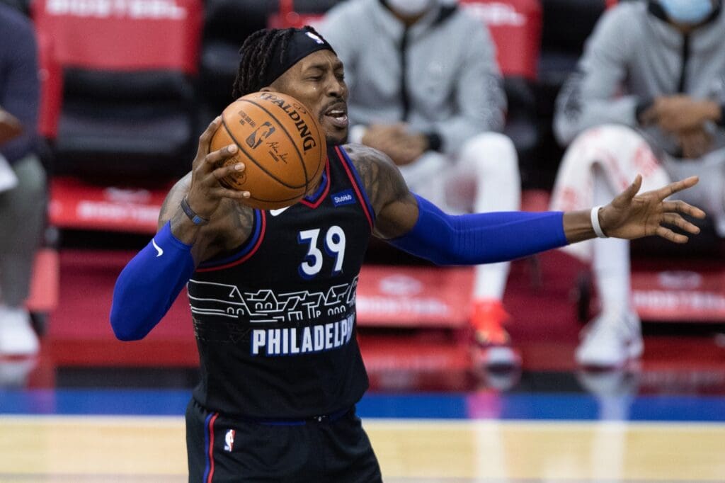 Jan 9, 2021; Philadelphia, Pennsylvania, USA; Philadelphia 76ers center Dwight Howard (39) reacts after a foul call during the third quarter against the Denver Nuggets at Wells Fargo Center.